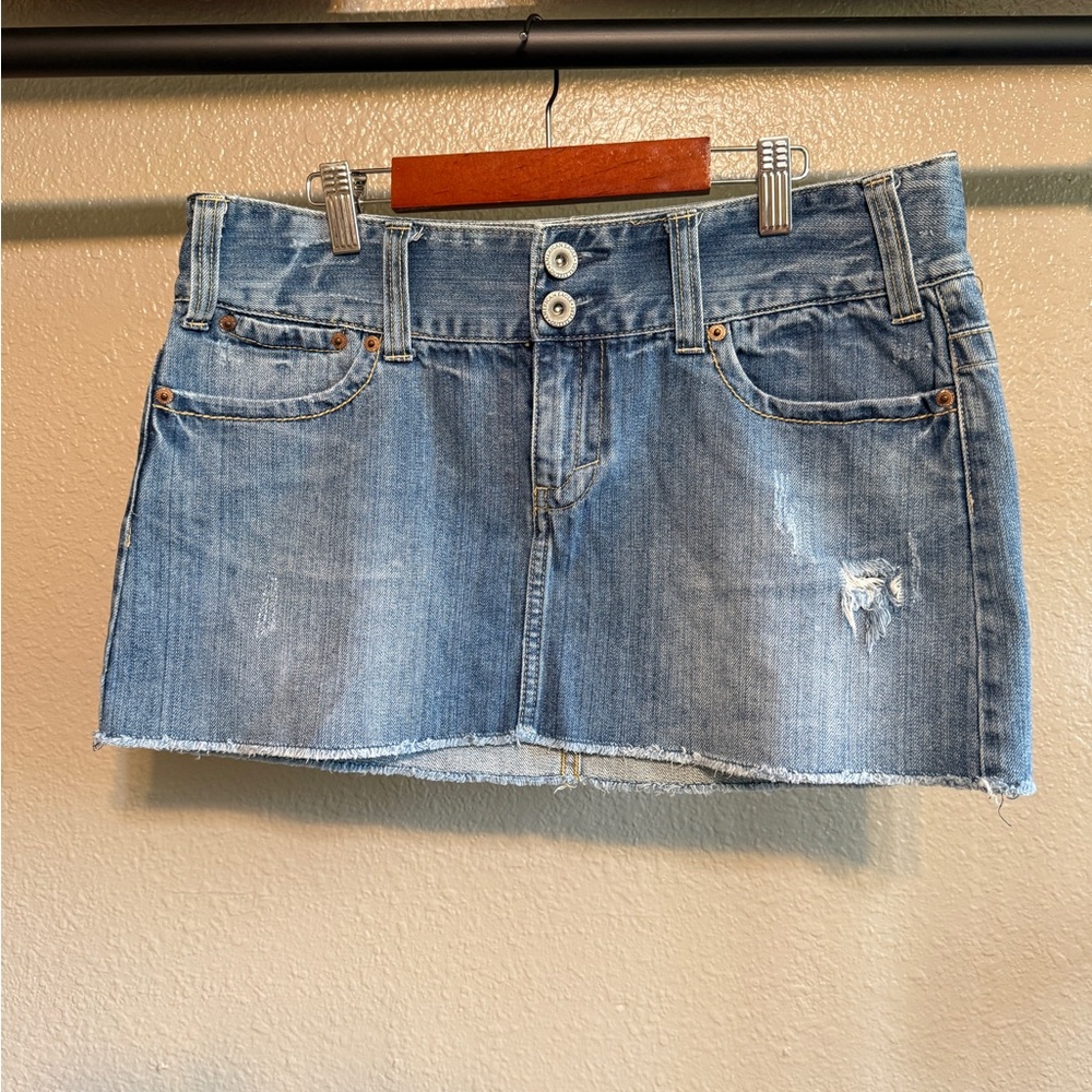 Vintage Y2K American Eagle Outfitters Light Blue Distressed Mini Skirt Size 10